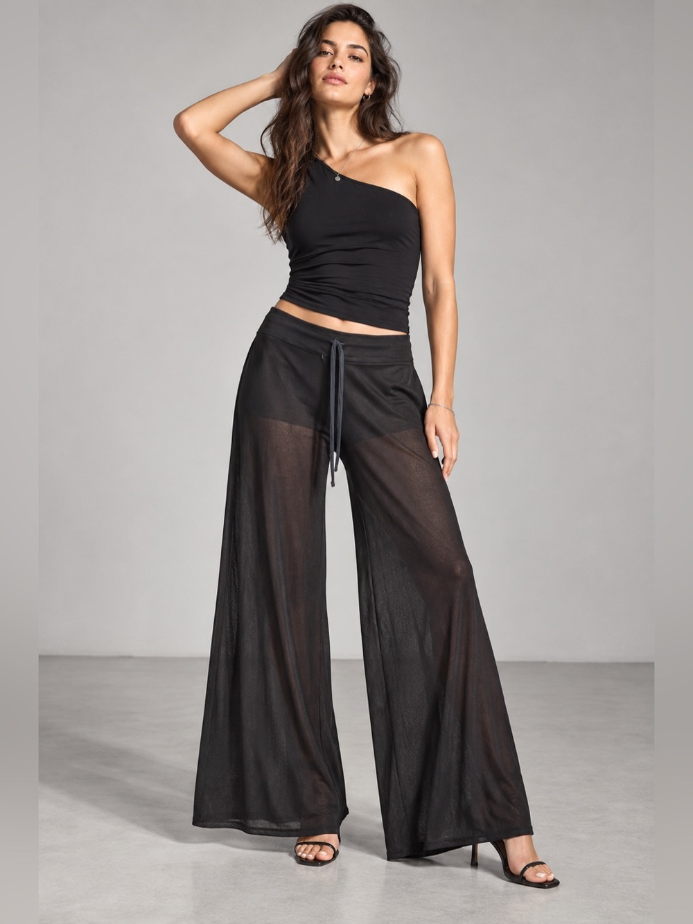 Studio M Black Semi-Sheer Wide Leg Drawstring Pants Size Medium